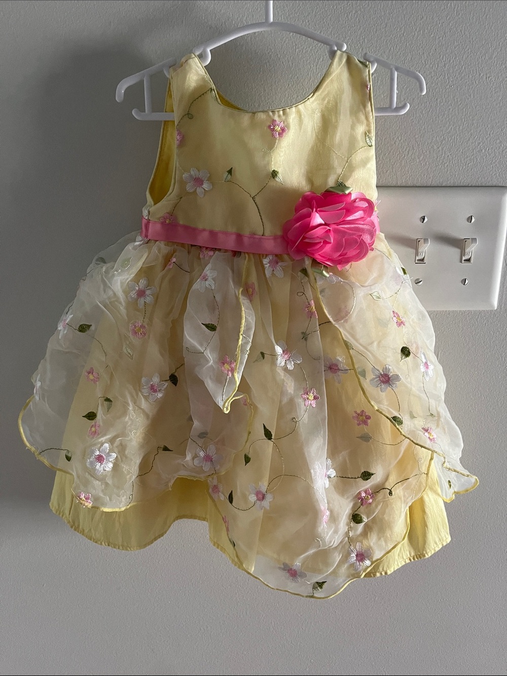 Yellow Floral Organza Flower Girl Dress with Pink Accent